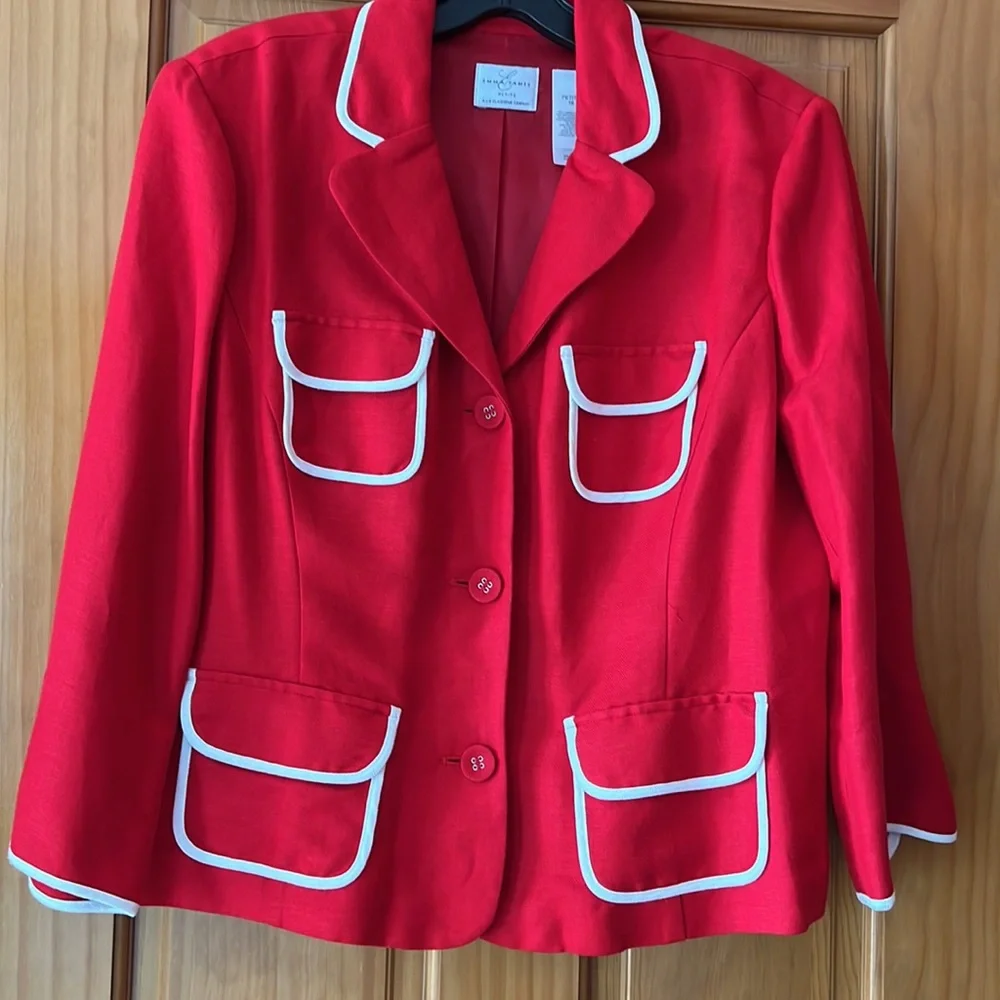 Linen rayon blend red/white trim unlined jacket size 16 petite - Picture 2 of 11